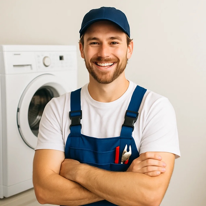 Appliance repair technician helping customer